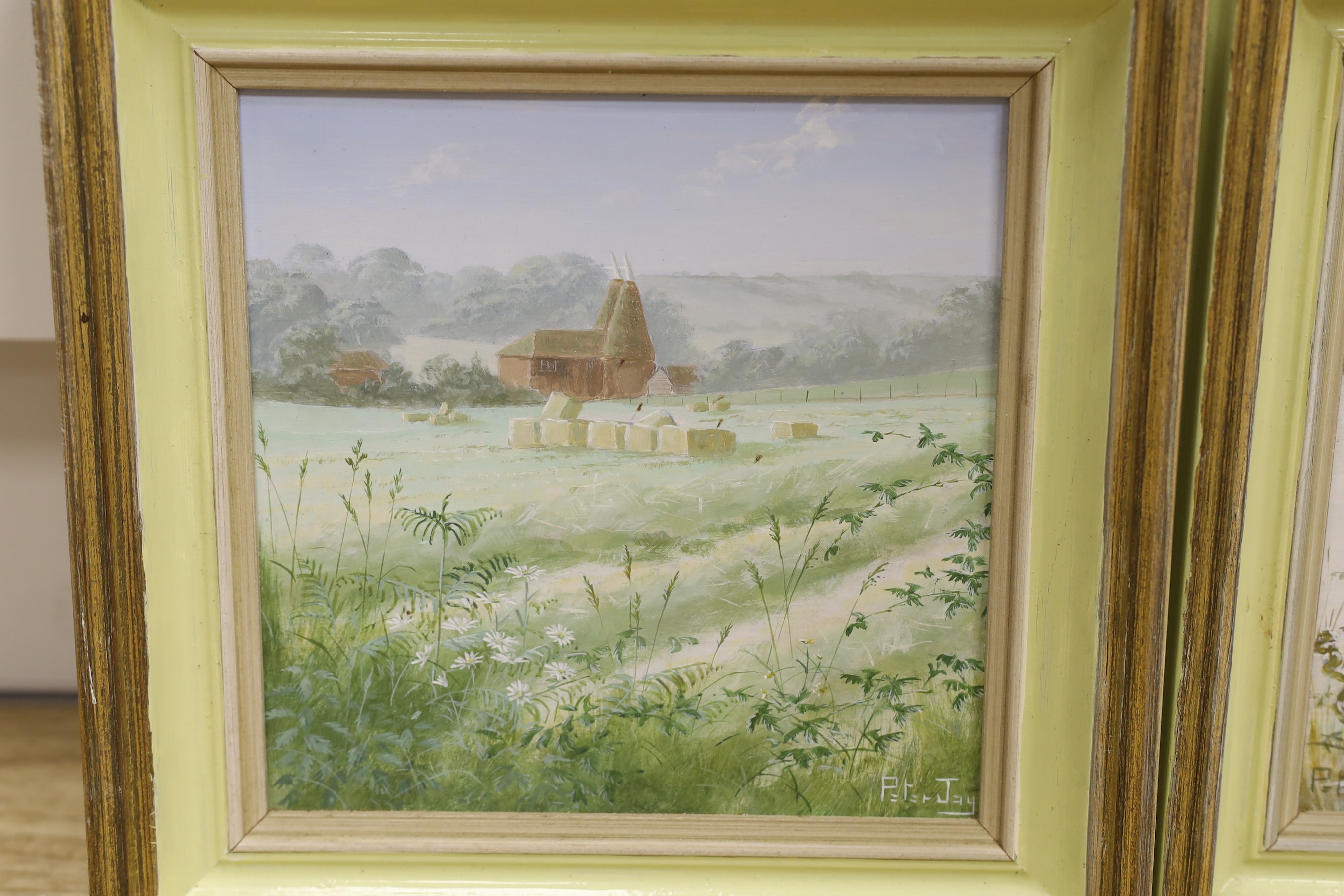 Peter Jay (b.1936), two oils on board, 'Winter sheep' and 'Peasmarsh, Rye', signed, 19 x 19cm